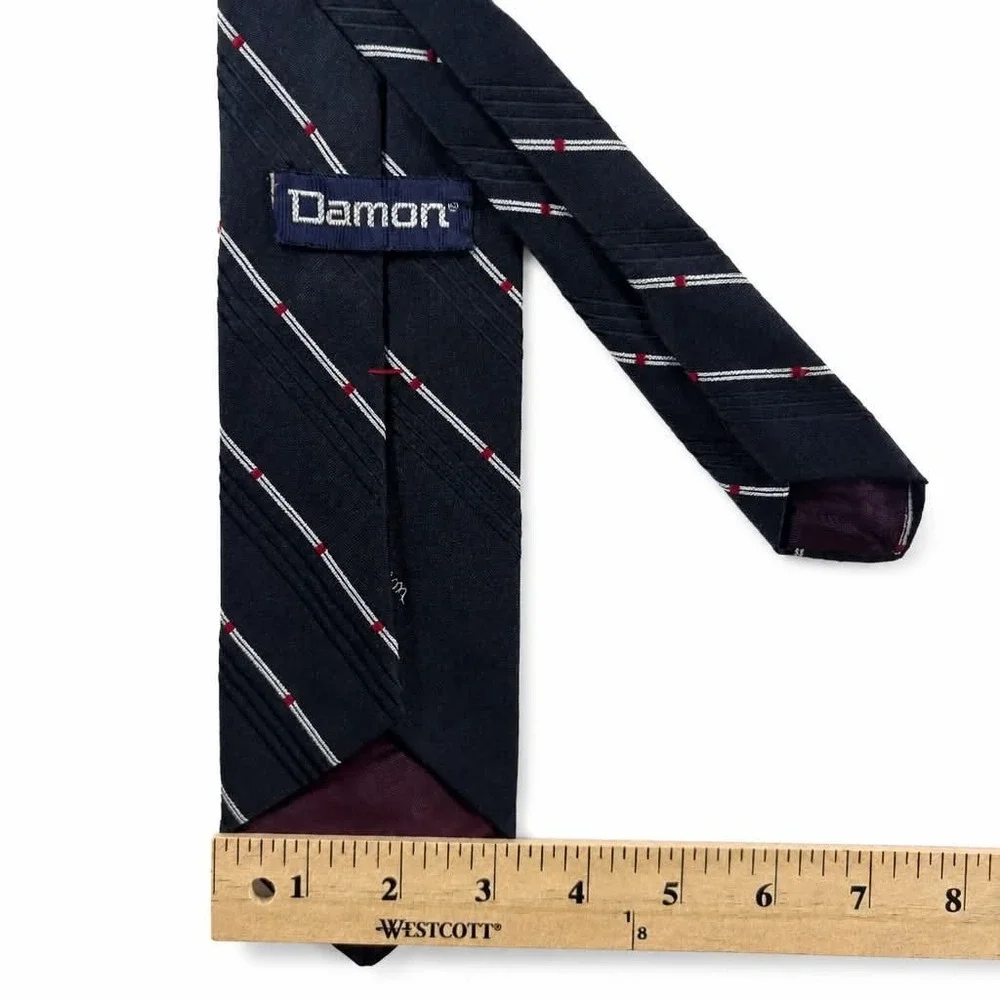 Vintage Damon Mens Tie Navy Blue White Red Striped Signature Monogram Polyester